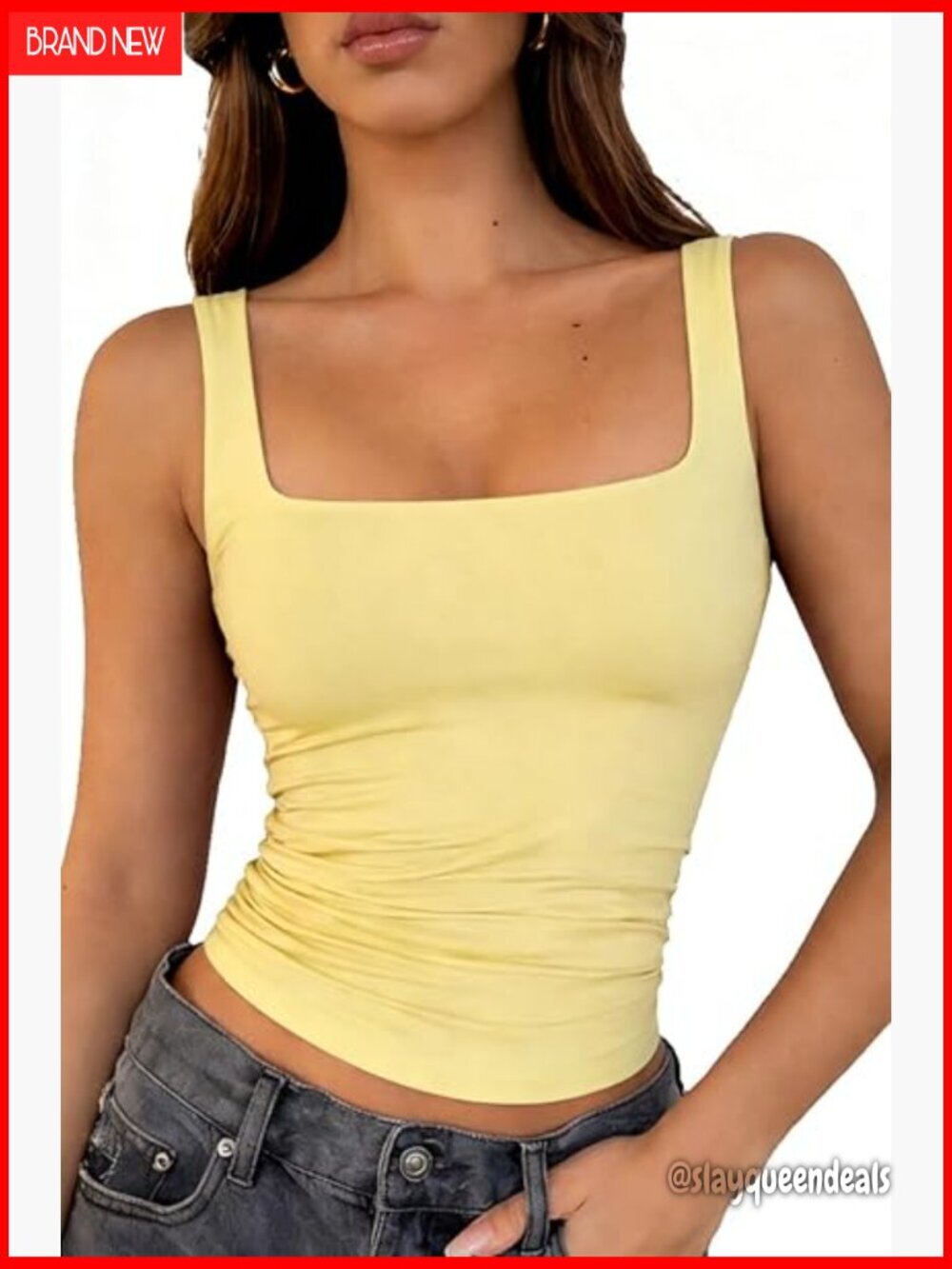 Square Neck Ruched Crop Tank Top Slim Fit Summer Basic